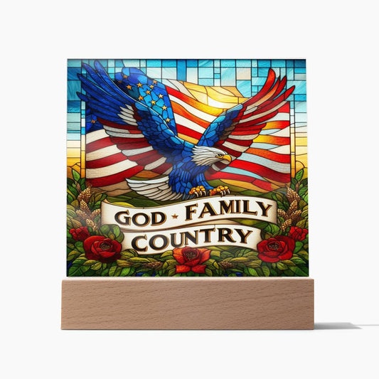 God, Family, Country, USA Patriotic, Faux Stained Glass, Light Up, Square Acrylic Plaque