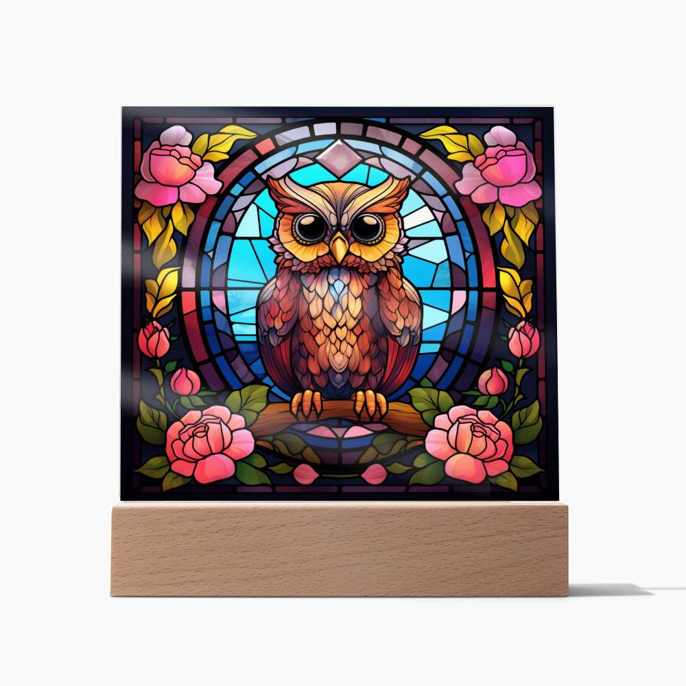 Kawaii Owl Bird, Faux Stained Glass, Light up, Square Acrylic Plaque