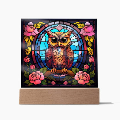 Kawaii Owl Bird, Faux Stained Glass, Light up, Square Acrylic Plaque