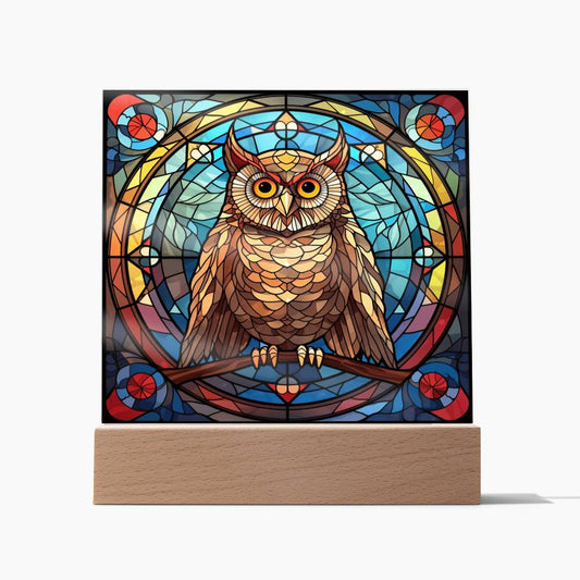 Owl Bird, Faux Stained Glass, Light Up, Square Acrylic Plaque
