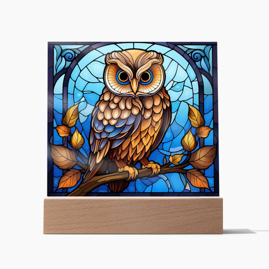 Night Owl Bird Mystic Fantasy, Faux Stained Glass, Light up, Square Acrylic Plaque