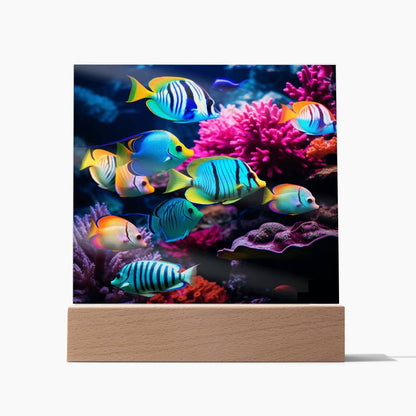 Virtual Aquarium, Tropical Bright Fish, Colorful Ocean Reef, Kids Night Light, Child Gift, Room Decor, Square Acrylic Plaque