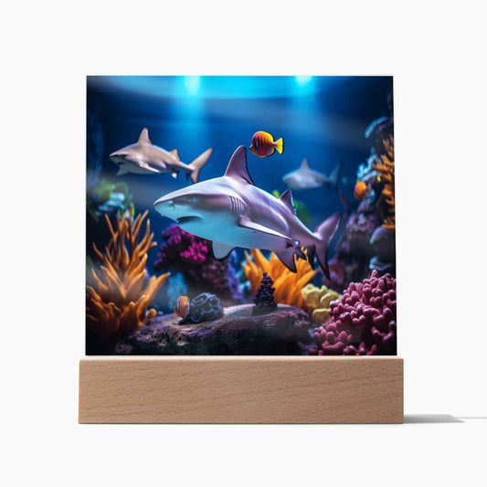 Virtual Shark Aquarium, Kids Fish Night Light, Children Room Decor, Square Acrylic Plaque