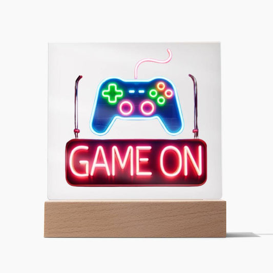 Game On Sign, Neon Graphic, Square Acrylic Plaque