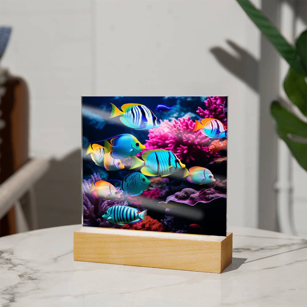 Virtual Aquarium, Tropical Bright Fish, Colorful Ocean Reef, Kids Night Light, Child Gift, Room Decor, Square Acrylic Plaque