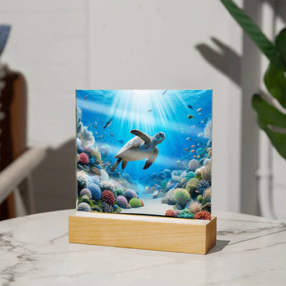 Sea Turtle, Virtual Aquarium, Night Light, Kids Decor, Children Gift, Square Acrylic Plaque