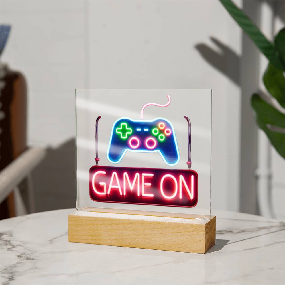 Game On Sign, Neon Graphic, Square Acrylic Plaque