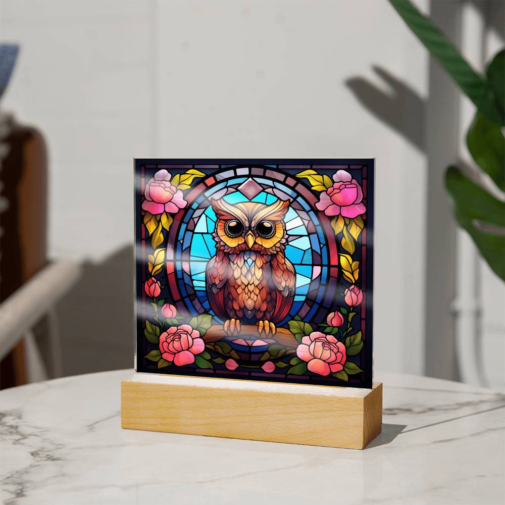 Kawaii Owl Bird, Faux Stained Glass, Light up, Square Acrylic Plaque