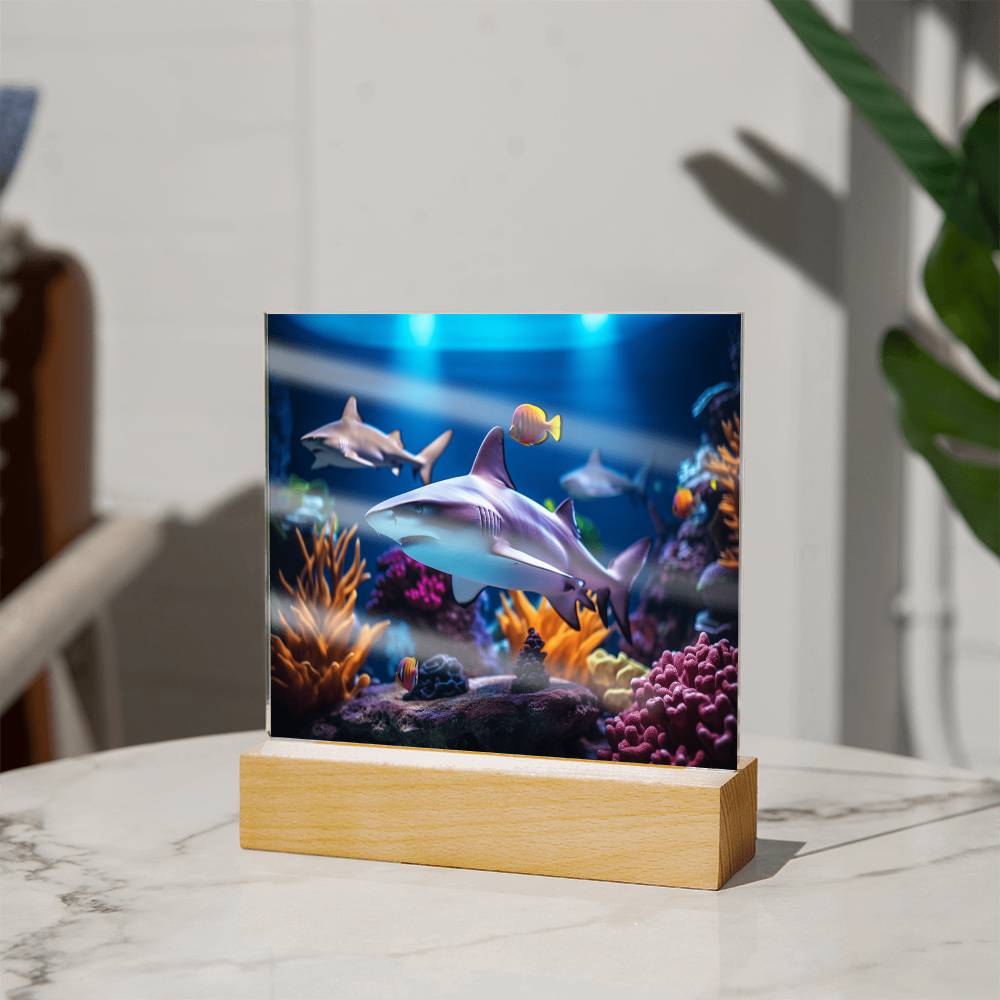 Virtual Shark Aquarium, Kids Fish Night Light, Children Room Decor, Square Acrylic Plaque