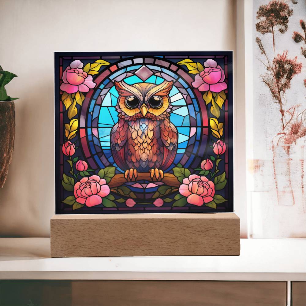 Kawaii Owl Bird, Faux Stained Glass, Light up, Square Acrylic Plaque