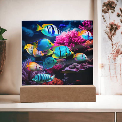 Virtual Aquarium, Tropical Bright Fish, Colorful Ocean Reef, Kids Night Light, Child Gift, Room Decor, Square Acrylic Plaque