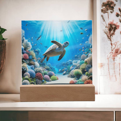 Sea Turtle, Virtual Aquarium, Night Light, Kids Decor, Children Gift, Square Acrylic Plaque