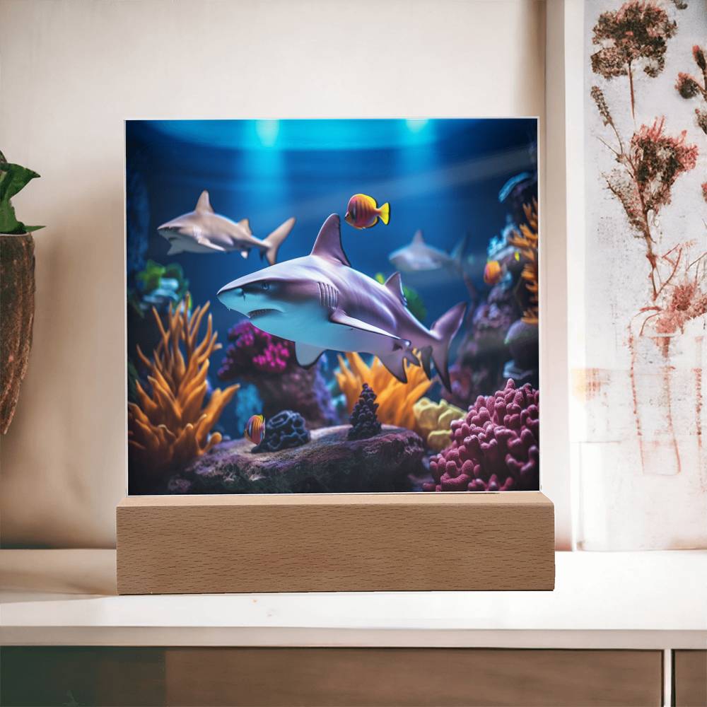 Virtual Shark Aquarium, Kids Fish Night Light, Children Room Decor, Square Acrylic Plaque