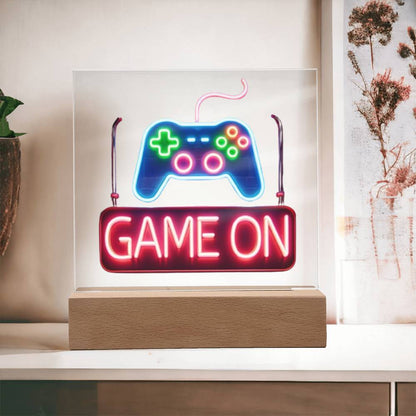 Game On Sign, Neon Graphic, Square Acrylic Plaque