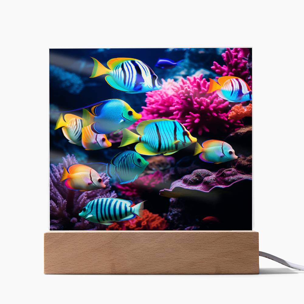 Virtual Aquarium, Tropical Bright Fish, Colorful Ocean Reef, Kids Night Light, Child Gift, Room Decor, Square Acrylic Plaque