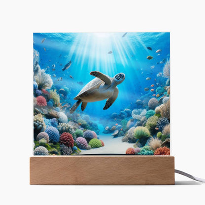 Sea Turtle, Virtual Aquarium, Night Light, Kids Decor, Children Gift, Square Acrylic Plaque