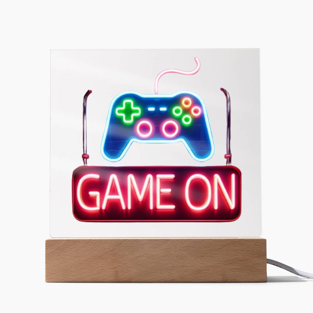 Game On Sign, Neon Graphic, Square Acrylic Plaque