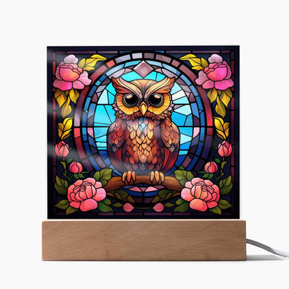 Kawaii Owl Bird, Faux Stained Glass, Light up, Square Acrylic Plaque