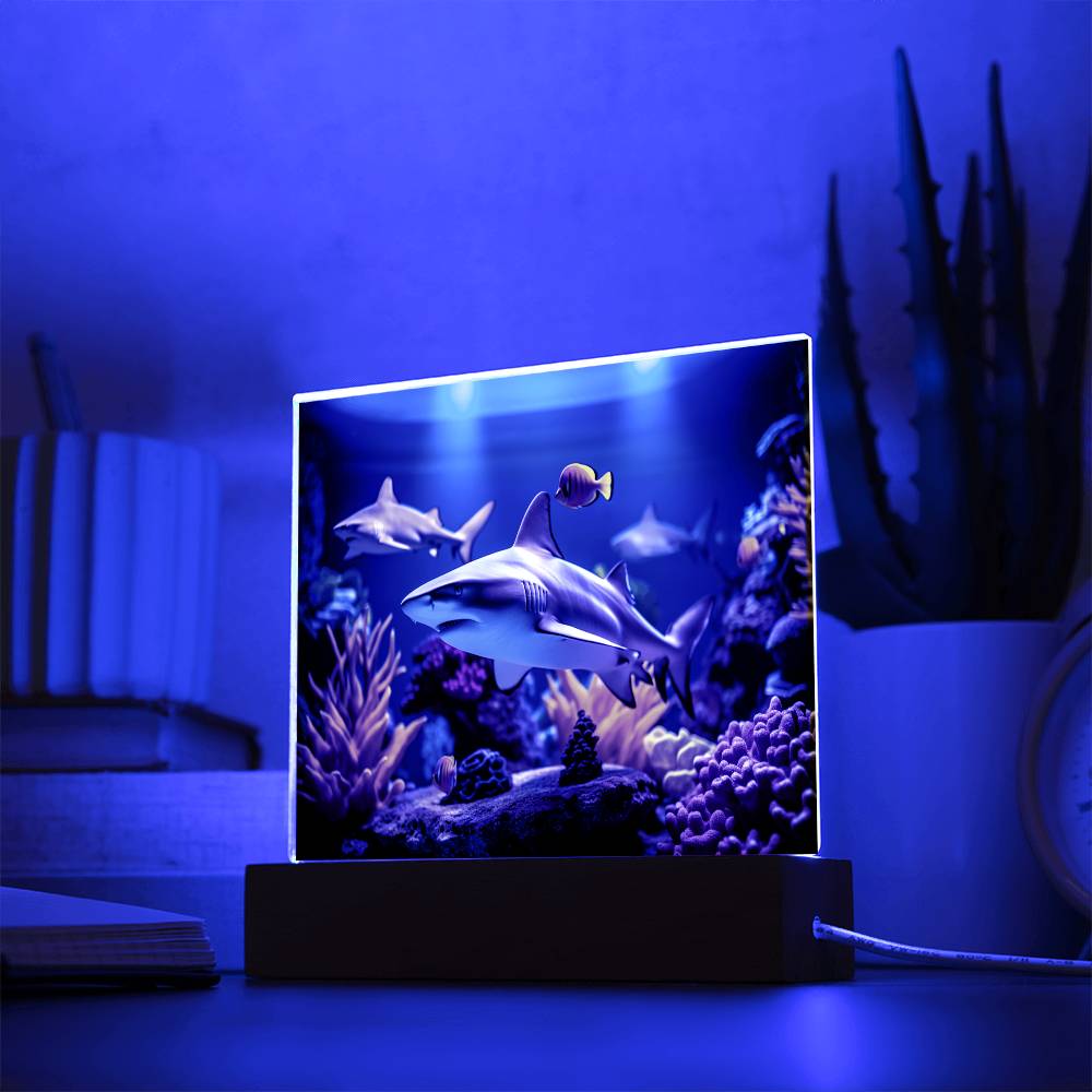 Virtual Shark Aquarium, Kids Fish Night Light, Children Room Decor, Square Acrylic Plaque