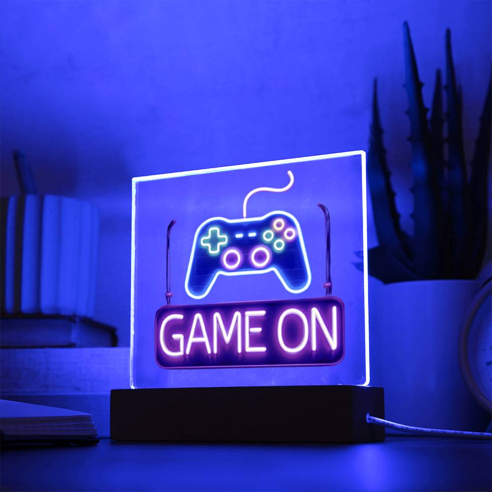 Game On Sign, Neon Graphic, Square Acrylic Plaque