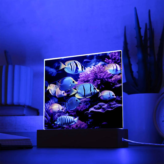 Virtual Aquarium, Tropical Bright Fish, Colorful Ocean Reef, Kids Night Light, Child Gift, Room Decor, Square Acrylic Plaque