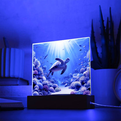 Sea Turtle, Virtual Aquarium, Night Light, Kids Decor, Children Gift, Square Acrylic Plaque