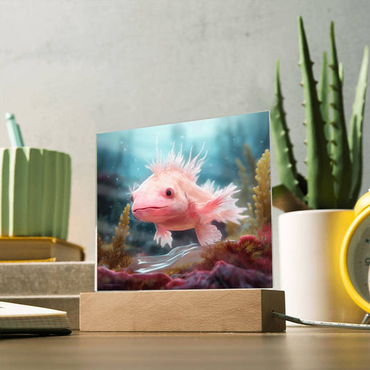 Axolotl Swimming Crystal-Clear Aquarium, Square Acrylic Plaque