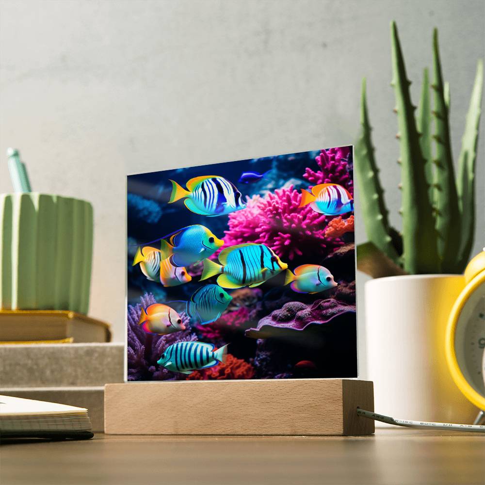 Virtual Aquarium, Tropical Bright Fish, Colorful Ocean Reef, Kids Night Light, Child Gift, Room Decor, Square Acrylic Plaque