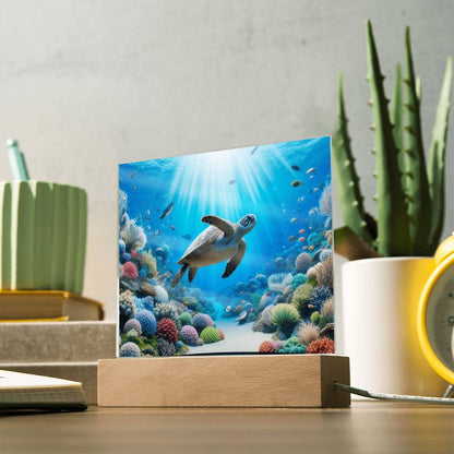 Sea Turtle, Virtual Aquarium, Night Light, Kids Decor, Children Gift, Square Acrylic Plaque