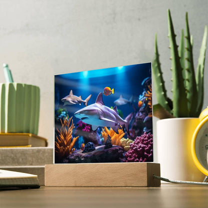 Virtual Shark Aquarium, Kids Fish Night Light, Children Room Decor, Square Acrylic Plaque