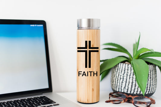 Faith Christian Cross, Bamboo Water Bottle, Made In USA