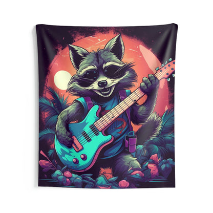 Furry Raccoon Guitarist: Animal Musician Rock Star Indoor Wall Tapestries