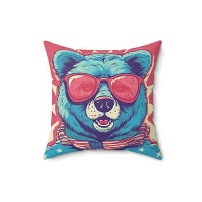 4th of July Festive Fun: Cute Patriotic Bear Graphic USA Style Spun Polyester Square Pillow