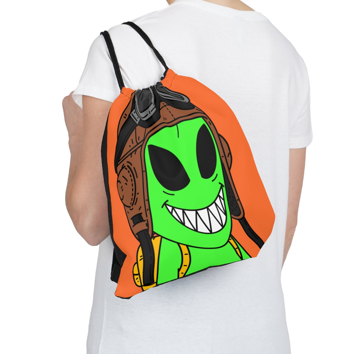 Aviator Flying Cap Green Alien Visitor Big Smile Teeth Yellow Backpack Outdoor Drawstring Bag