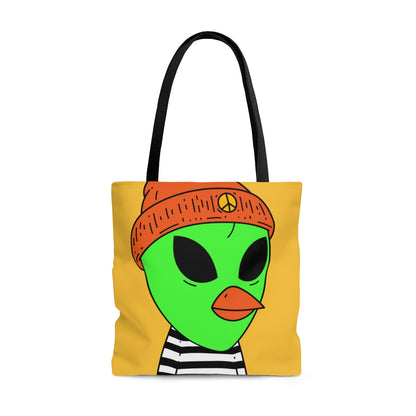 Burb Beak Green Alien Orange Peace Hat Black White Striped Shirt AOP Tote Bag