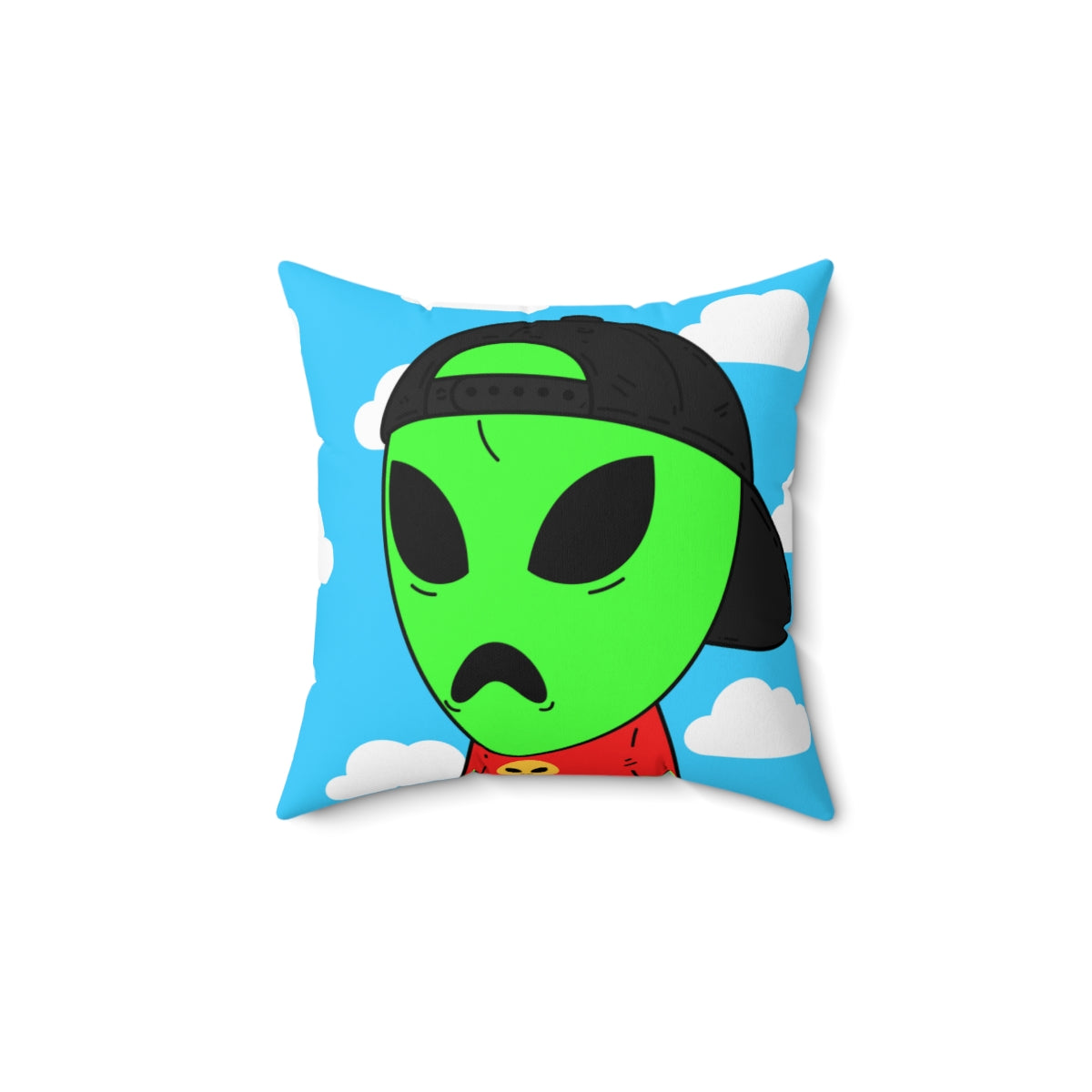 Frown Green Alien Large Sad V Mouth Black Cap Red Visi T Shirt Visitor Spun Polyester Square Pillow