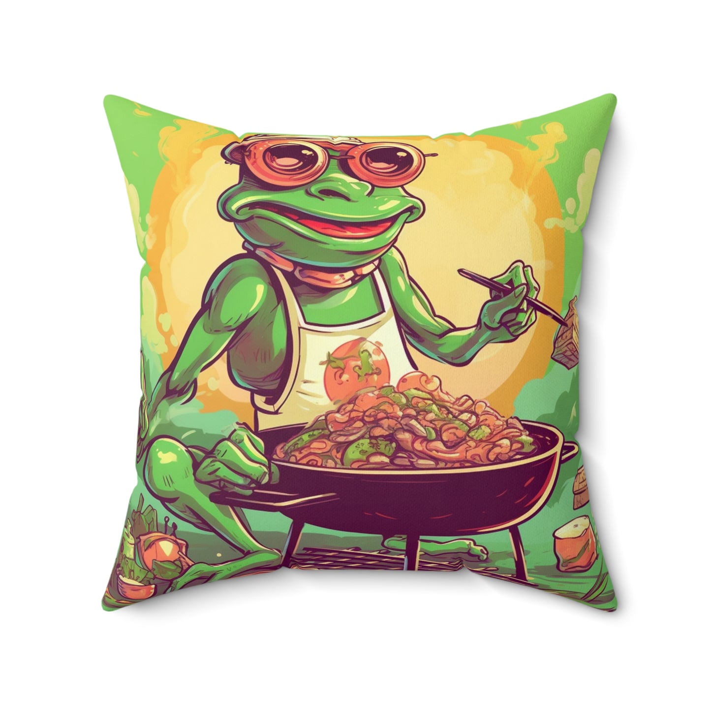 Frog BBQ Grilling Food Chef Graphic Spun Polyester Square Pillow