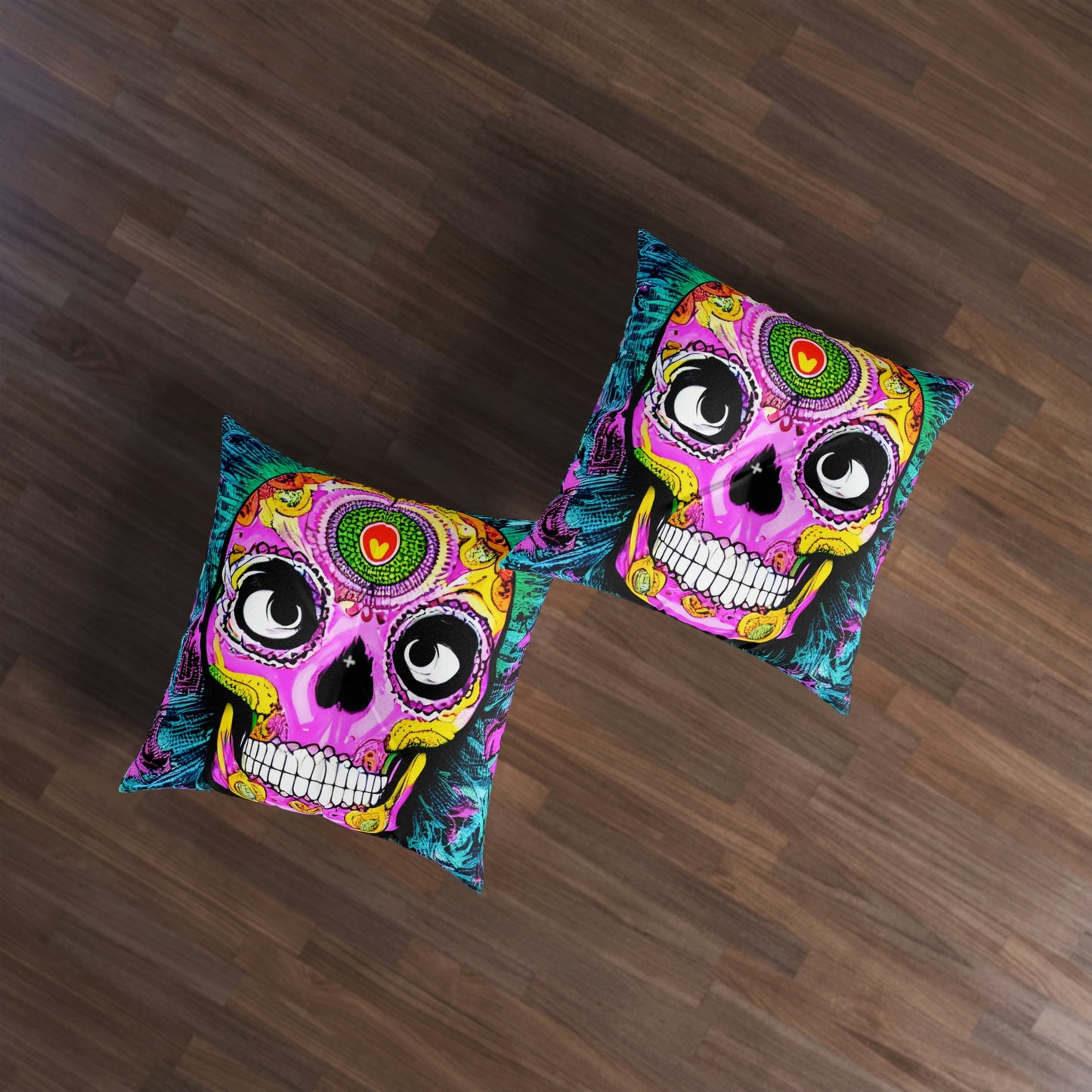 Cojín de suelo capitoné con cara de esqueleto de calavera psicodélica trippy, cuadrado 