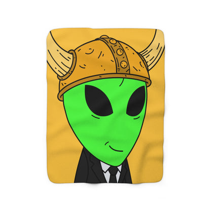 Green Smirk Face Alien Viking Helmet Black Business Suit Visitor Sherpa Fleece Blanket