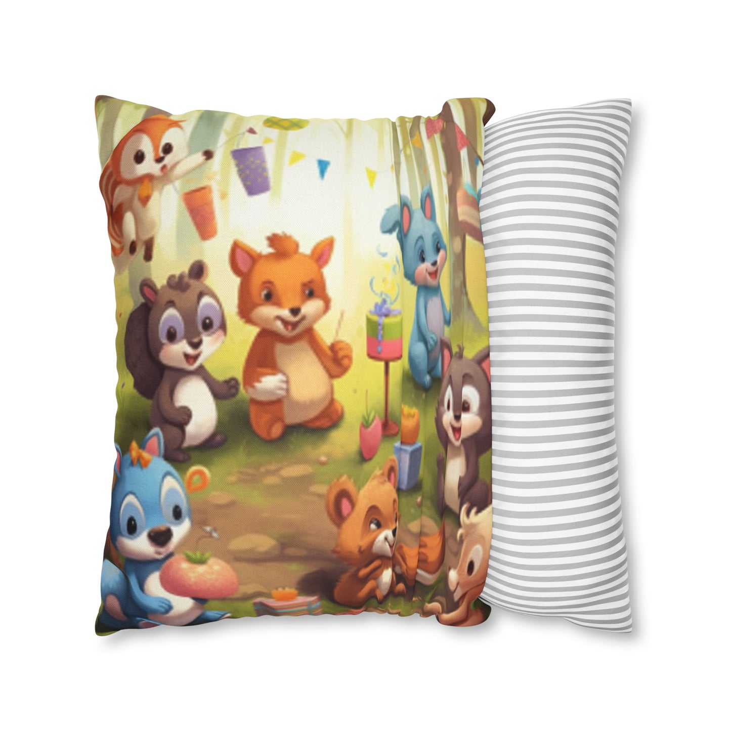 Nursery Art - Cartoon Forest Animals Party Design Spun Polyester Square Pillow Case