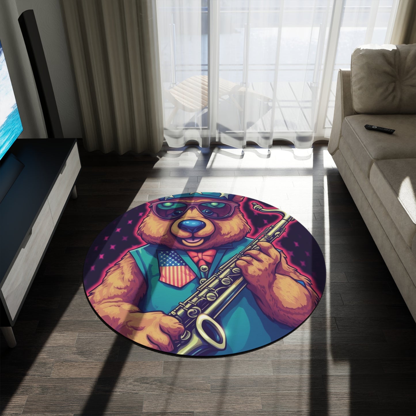 Jazz Stars and Stripes: Celebrate 4th of July with the Patriotic Bear's Saxophone Round Rug