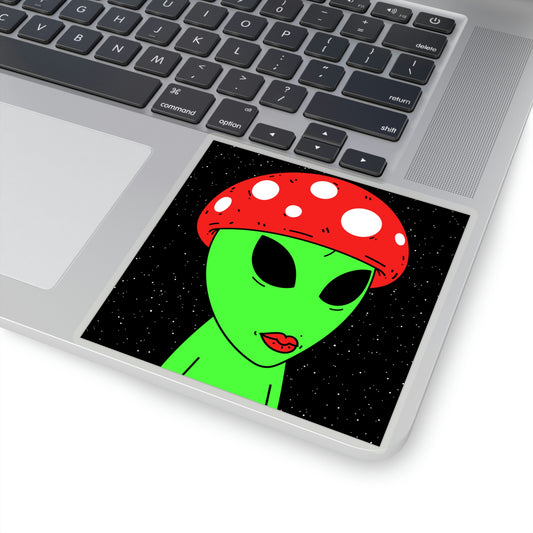 Mushroom Head Green Alien Visitor w/ Red Lips Kiss-Cut Stickers