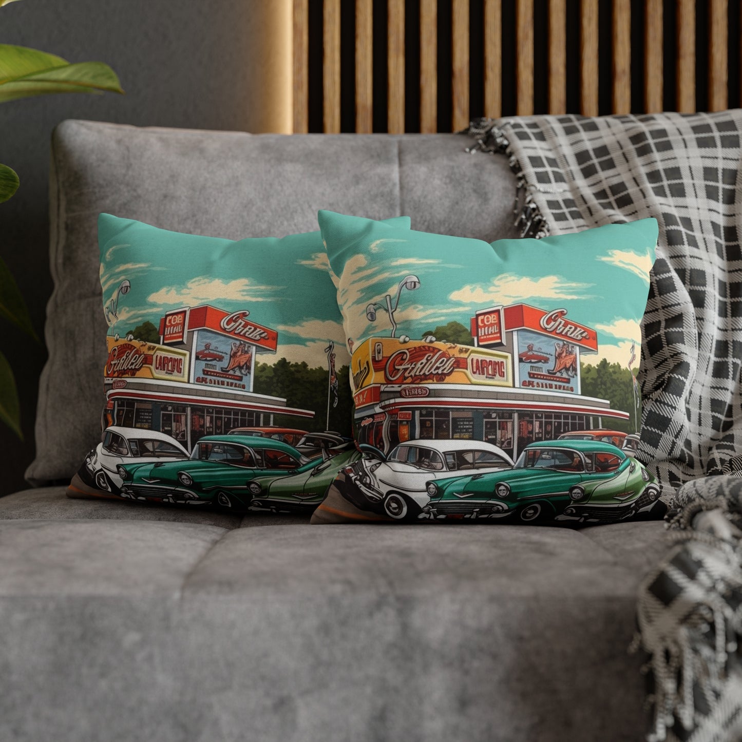 1950s Classic Car Collection Retro Artwork Spun Polyester Square Pillow Case