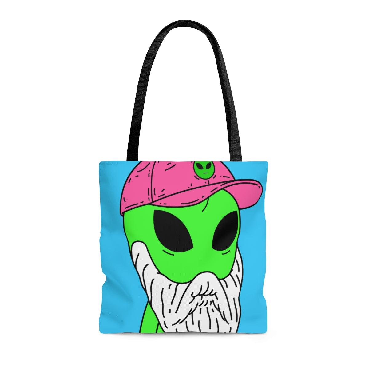 Bearded Green Visitor Pink Alien Hat Cartoon Comic AOP Tote Bag