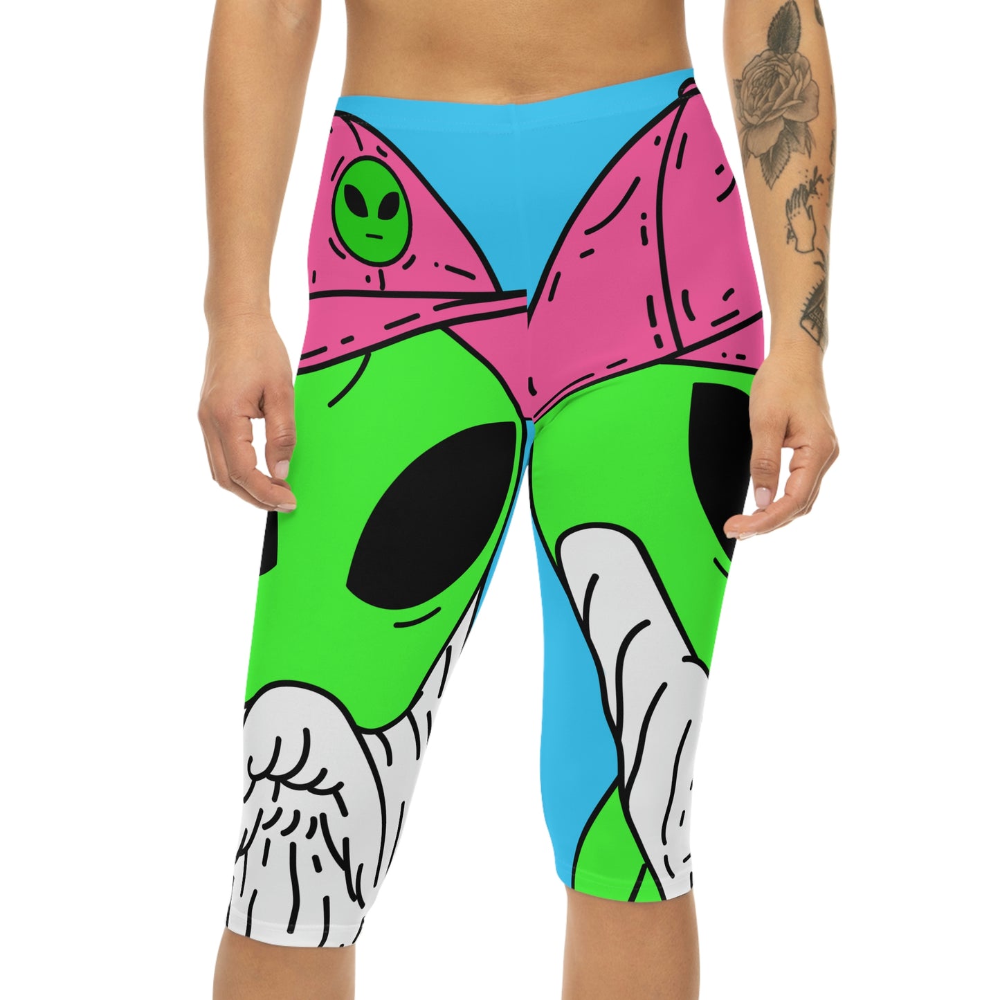 Beard Visitor Pink Hat Alien Cartoon Women’s Capri Leggings (AOP)