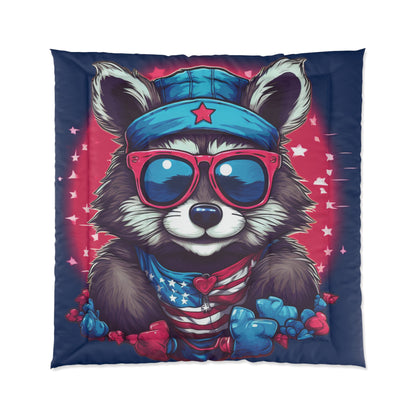 Cute Furry Raccoon Animal USA Flag Style Comforter