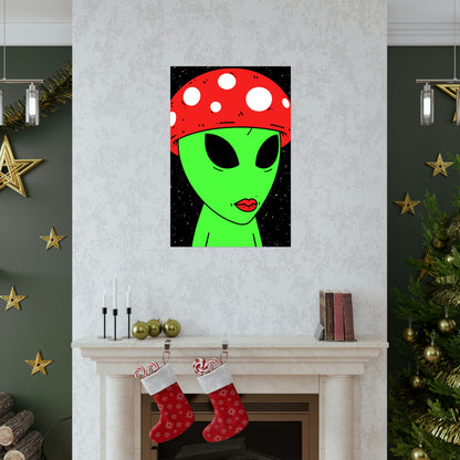 Mushroom Head Green Alien Visitor w/ Red Lips Premium Matte Vertical Posters