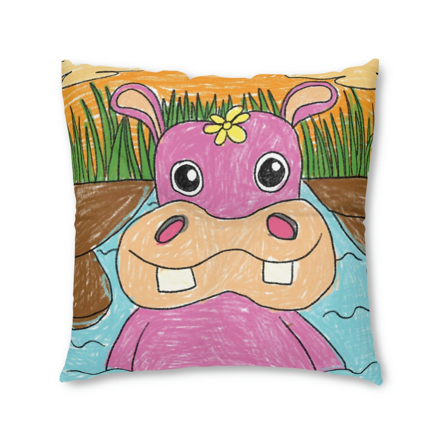 Hippo Hippopotamus Animal Creature Graphic Tufted Floor Pillow, Square