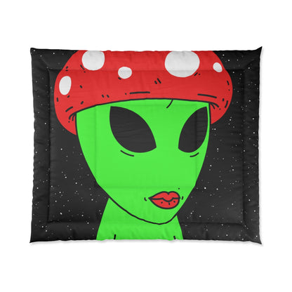 Mushroom Head Green Alien Visitor w/ Red Lips Bed Comforter