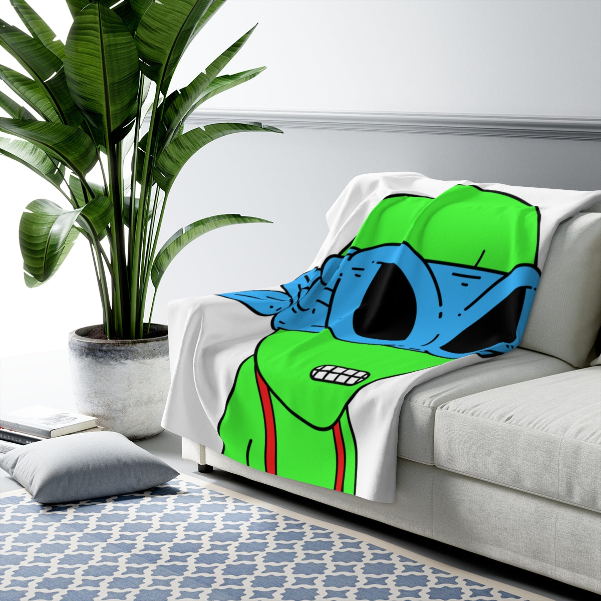 Green Alien Blue Ninja Mask Red Suspenders Visitor Sherpa Fleece Blanket